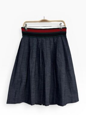 Junee Couture Pleated Skirt Size 6 Elastic Waist Stripe Trim Midi Chic